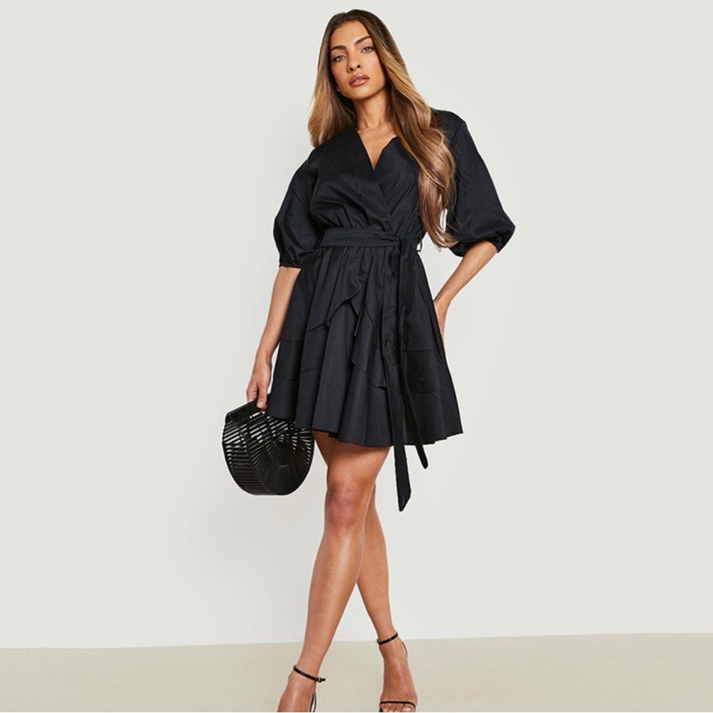 SHAN Black Mini Wrap Dress Bubble Sleeve Tie Waist Size 8